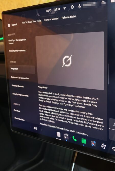 Grok introduction shown on the Model YL screen after updating to 2026.20.3