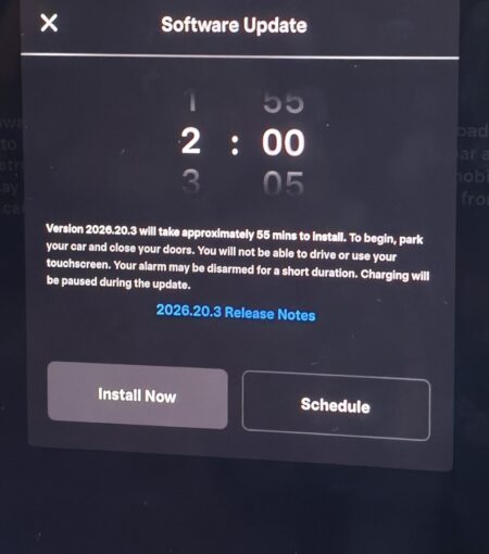 Software update scheduling screen on the Model YL, showing the 55-minute estimate