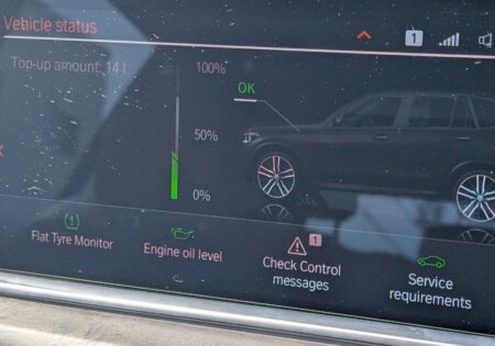 Vehicle status screen with the AdBlue bar sitting low