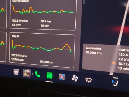 Trip B showing 127.0 Wh per km average with 1,270 kWh consumed over 10,000 km