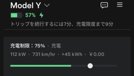 Charging screen at 20 minutes showing 57 percent at 112 kW with 45 kWh added
