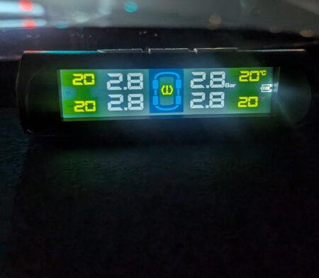 The TPMS display reading 2.8 bar on each tyre