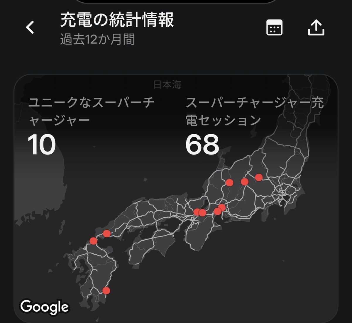 Tesla Charging Stats map showing ten Supercharger locations with 68 sessions