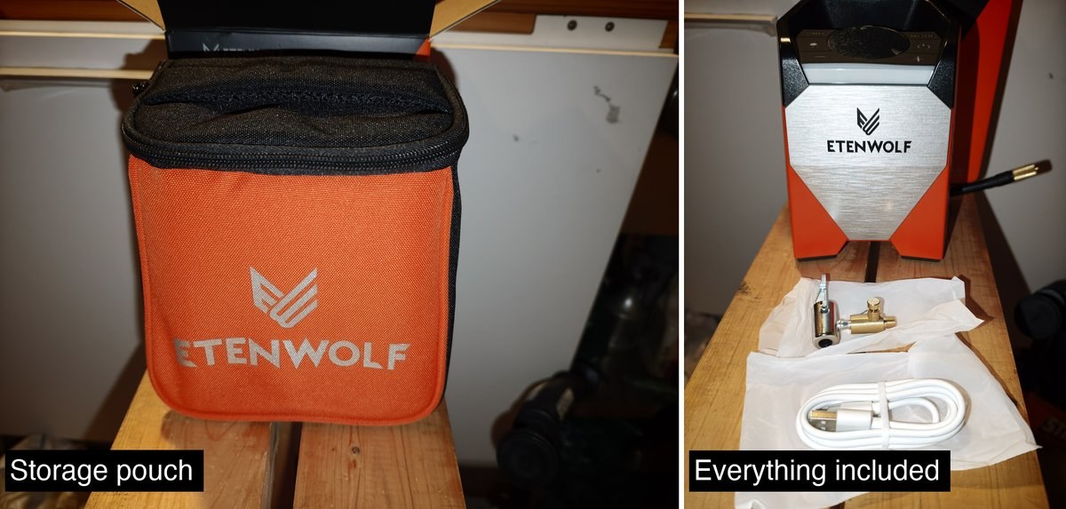 Storage pouch shown beside the unit, cable, nozzle accessories