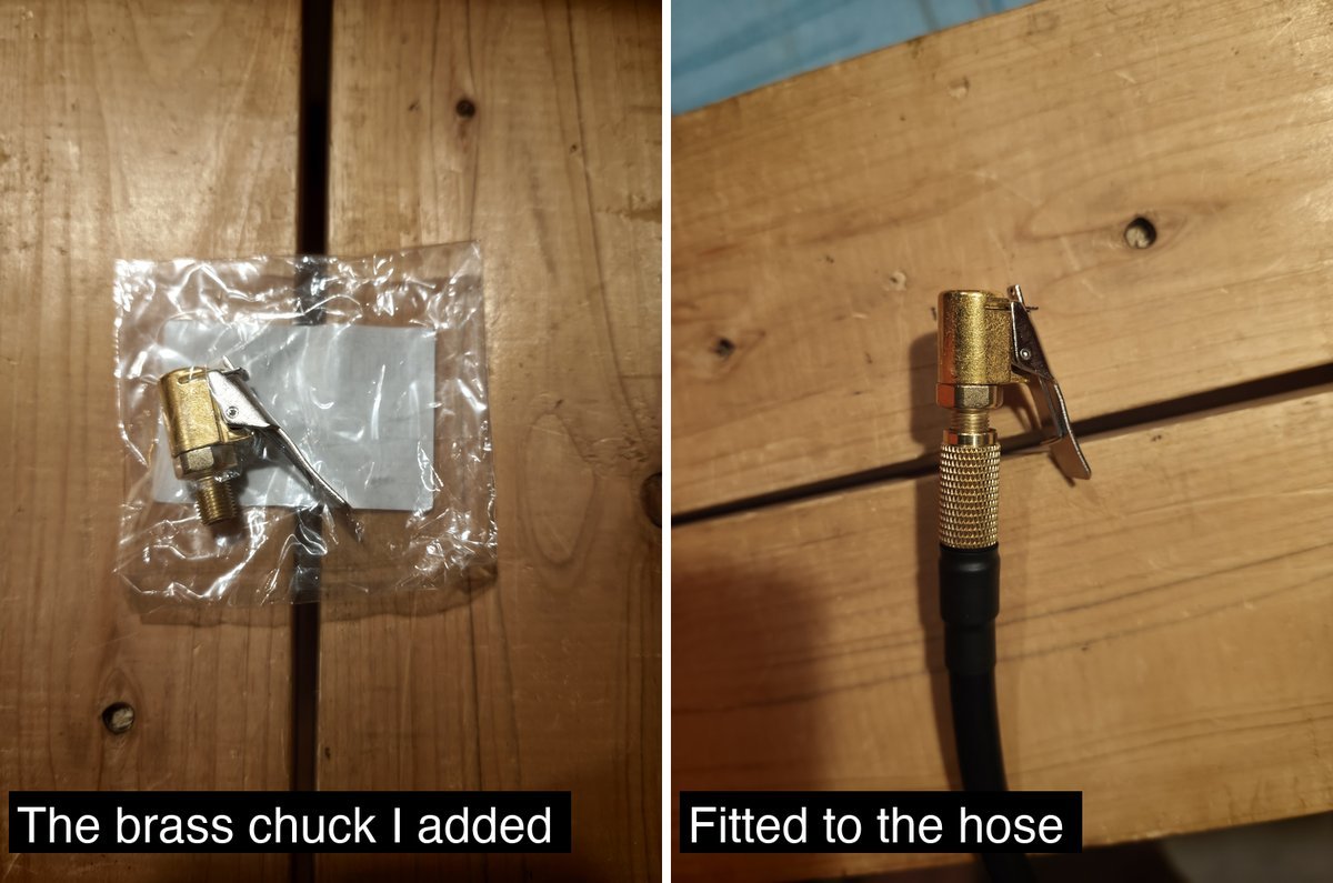 Brass air chuck in its bag, then fitted to the end of the hose