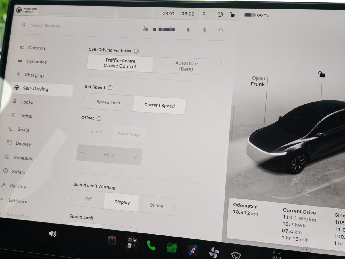Model YL Self-Driving settings with Traffic-Aware Cruise Control selected