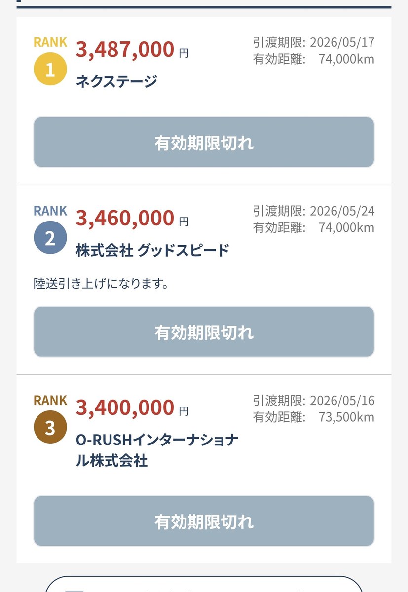 カババの一括査定で提示された上位3社の査定金額