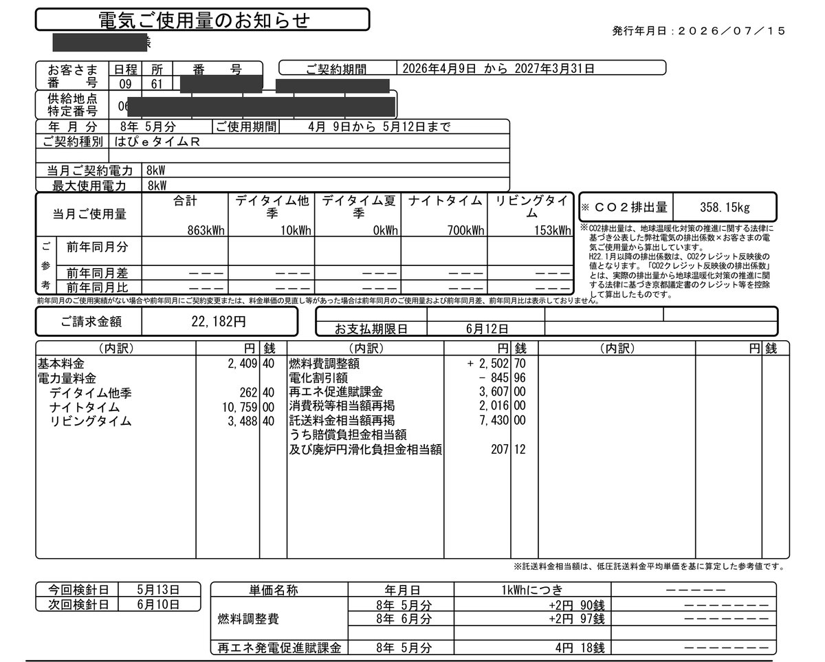 2026年5月分の検針票(マスク済み)