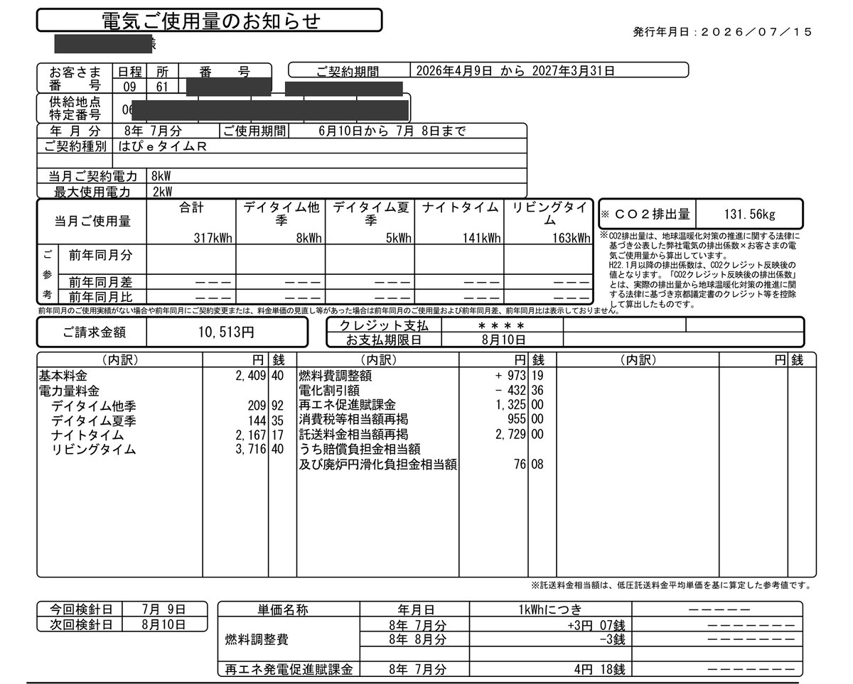 2026年7月分の検針票(マスク済み)