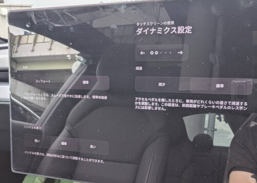 ダイナミクス設定の画面。加速やハンドルの重さを選べる