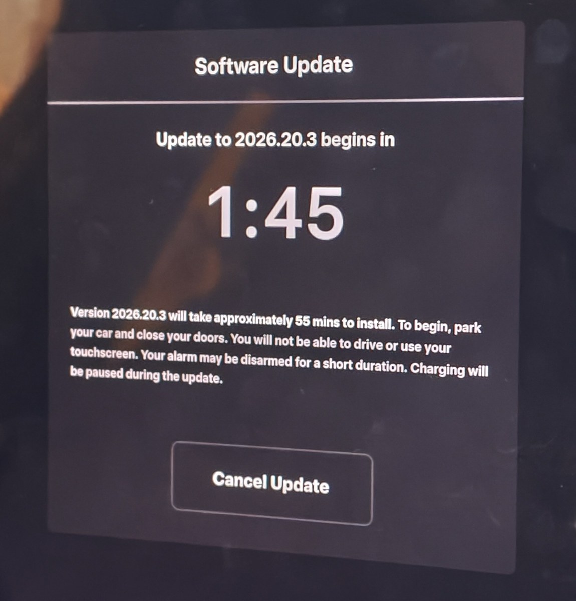 アップデート開始1分45秒前のカウントダウン表示