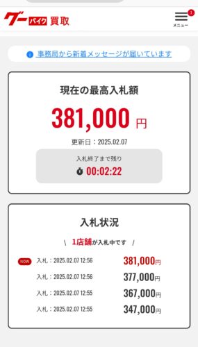 初回出品時の入札状況。38.1万円まで競り上がった