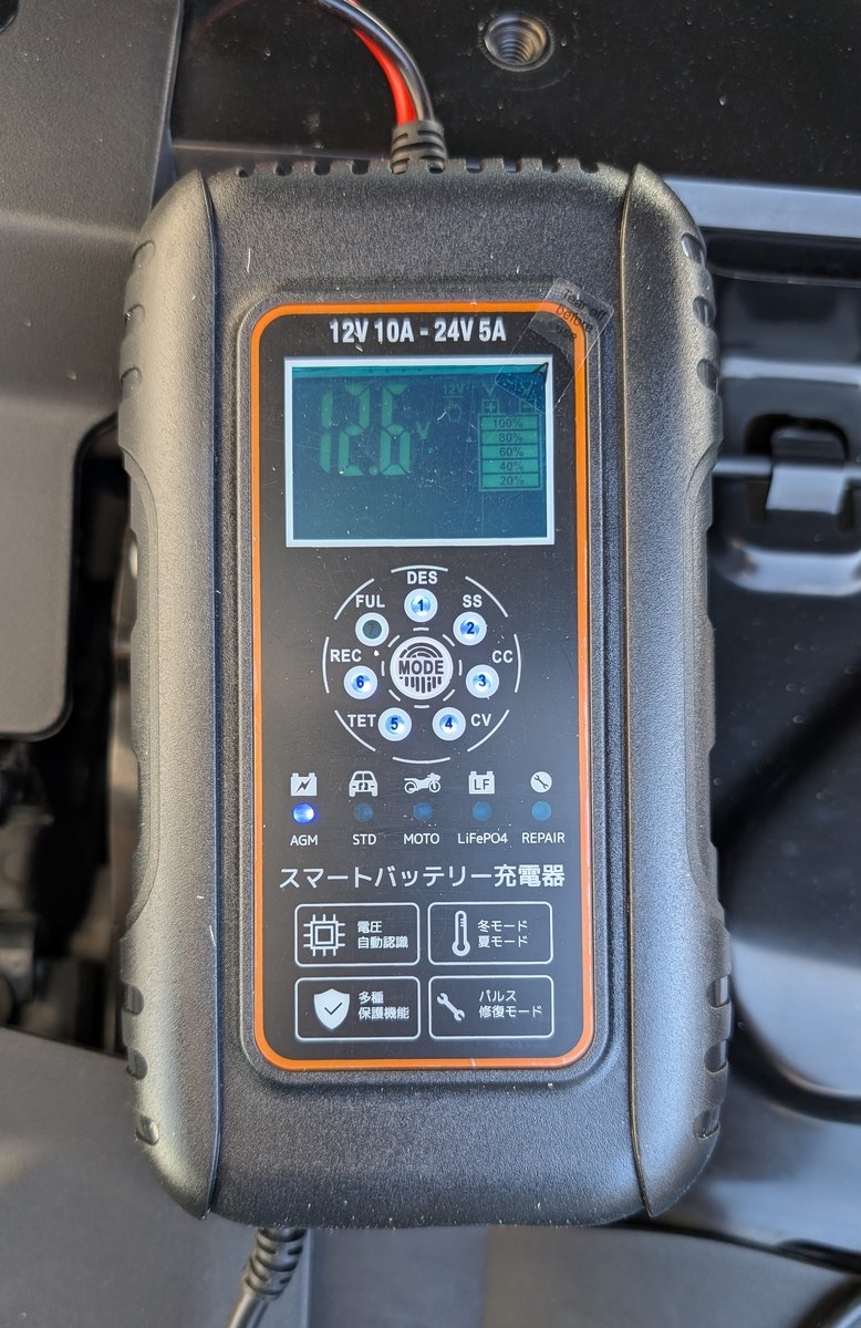 充電器の液晶がバッテリー電圧12.6Vを表示