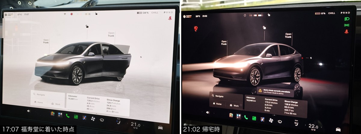 17時7分と21時2分の車内ディスプレイ。オドメーターは15,891kmから16,046kmへ