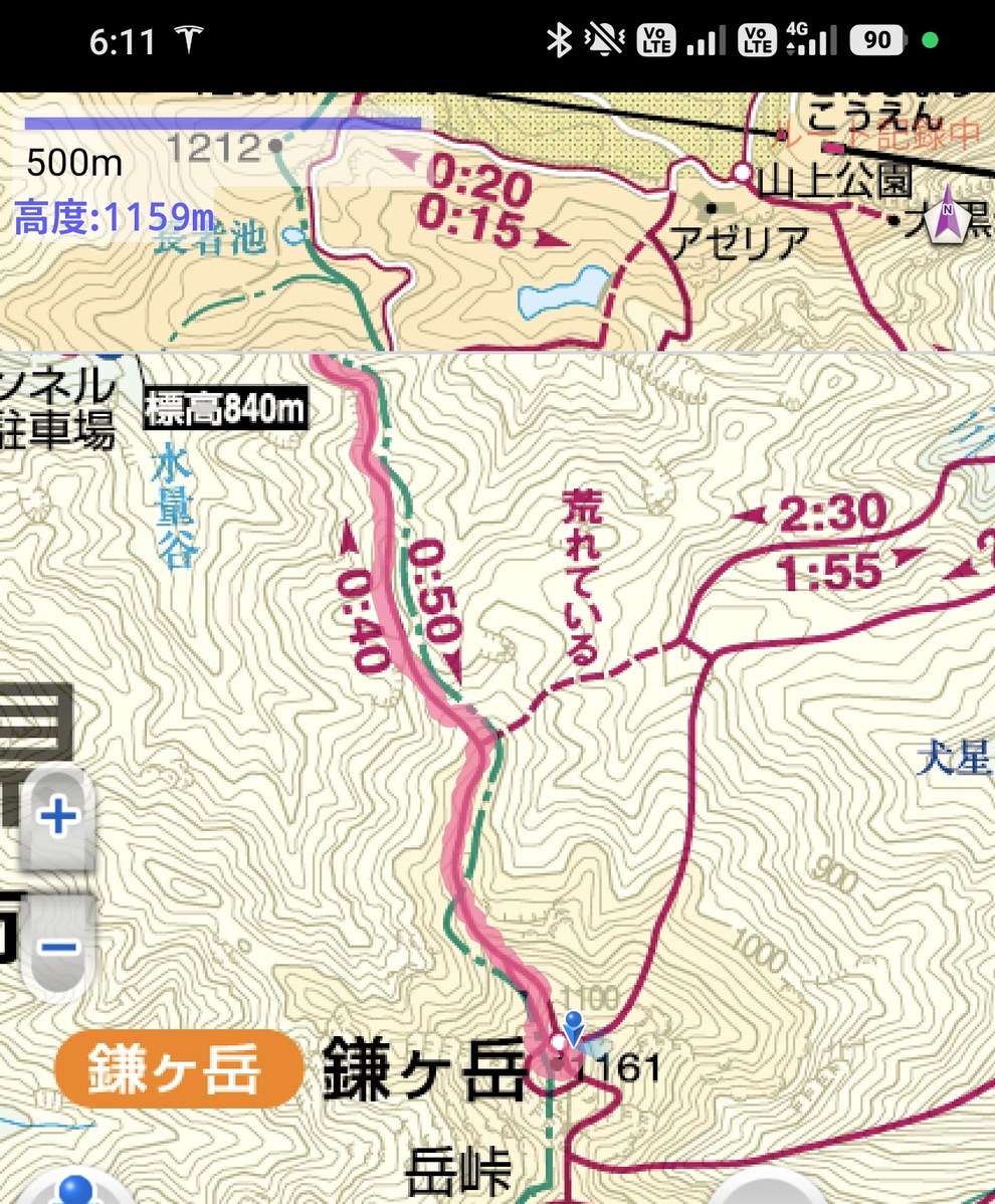 山と高原地図の画面。6時11分・高度1159m、鎌ヶ岳の山頂に到達