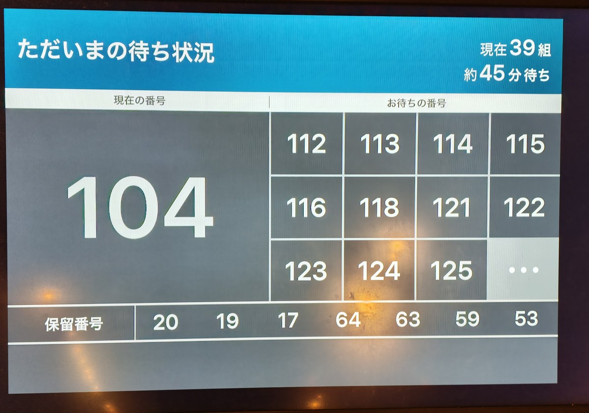 待ち状況のモニター。現在39組、約45分待ちの表示