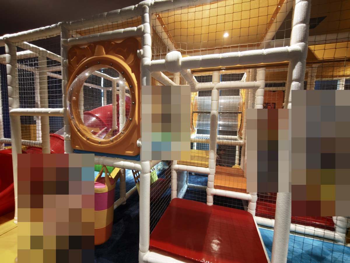 パイプを組んだ室内アスレチックの遊具