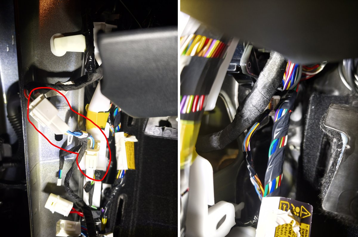 運転席足元の空きカプラーに割り込み線をつないだところ