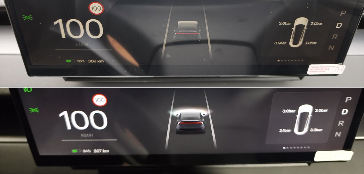 モデルYLのメーターディスプレイに速度と制限速度が表示されているところ