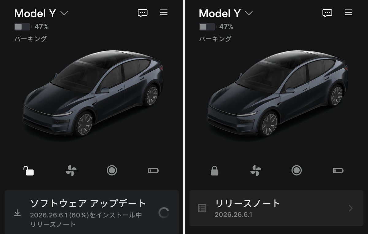 Teslaアプリのインストール中60%の表示と、完了後の2026.26.6.1のリリースノート表示