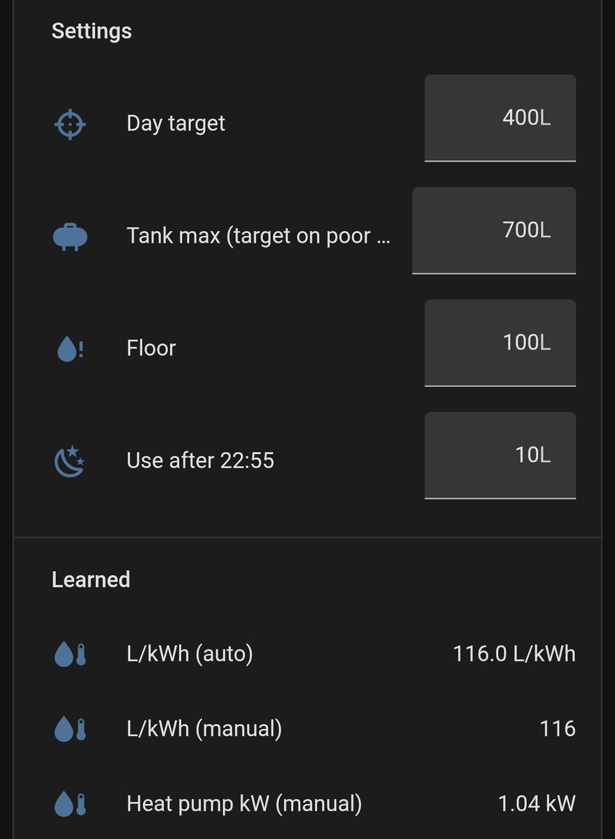 エコキュート制御の設定画面。昼の目標400L、満タン700L、下限100L、学習した係数116L/kWh