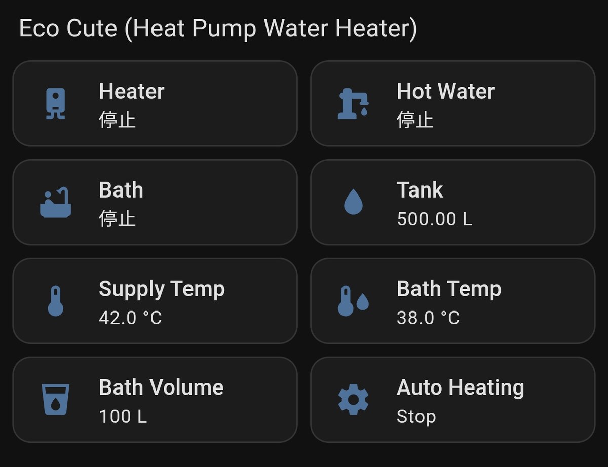 Home Assistantのホーム画面に並べたエコキュートの項目。残湯500L、給湯42℃、ふろ38℃、運転は停止