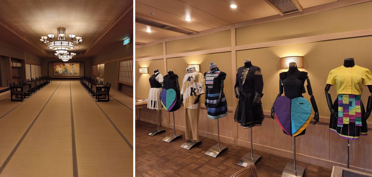 シャンデリアのある畳の大広間と、衣装の展示