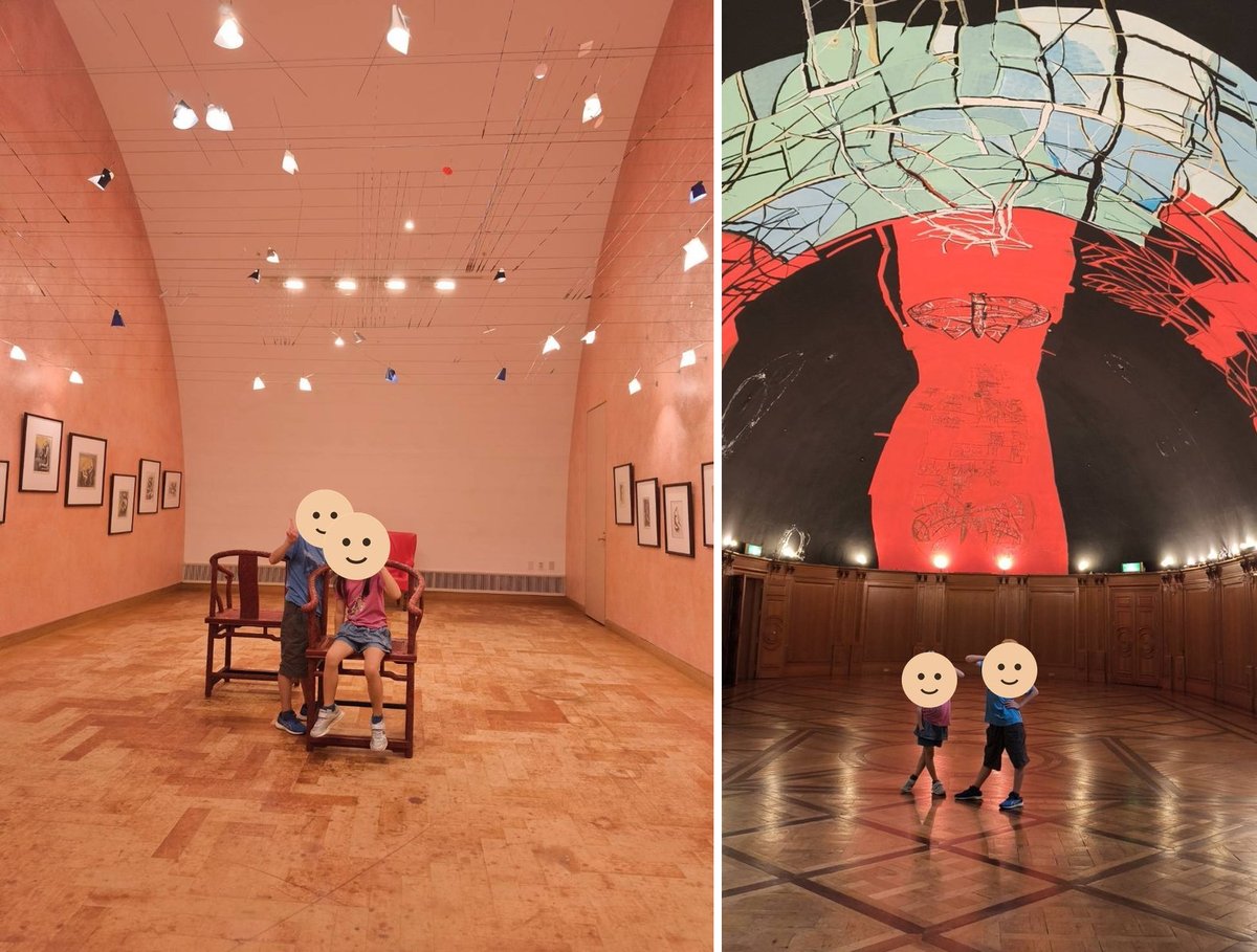ピンクの壁の展示室と、赤い天井画のホール