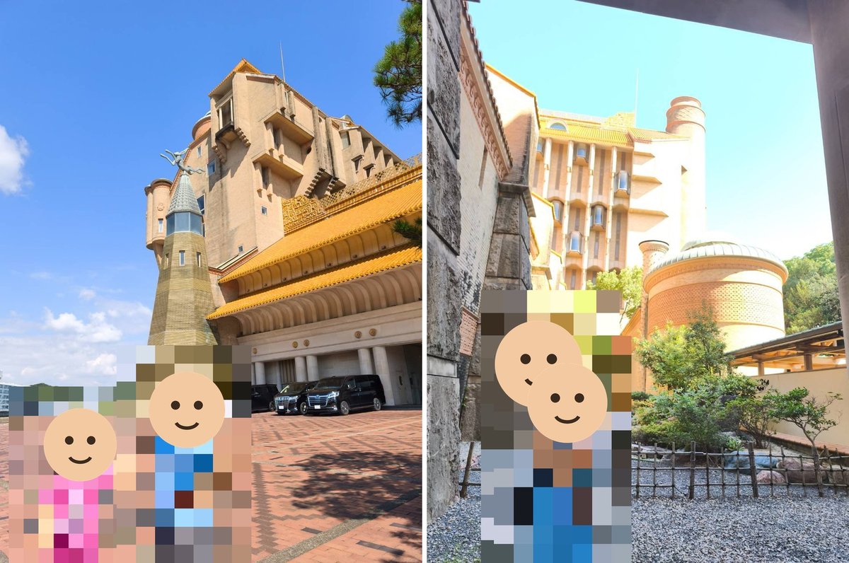 ホテル川久の外観と子どもたち