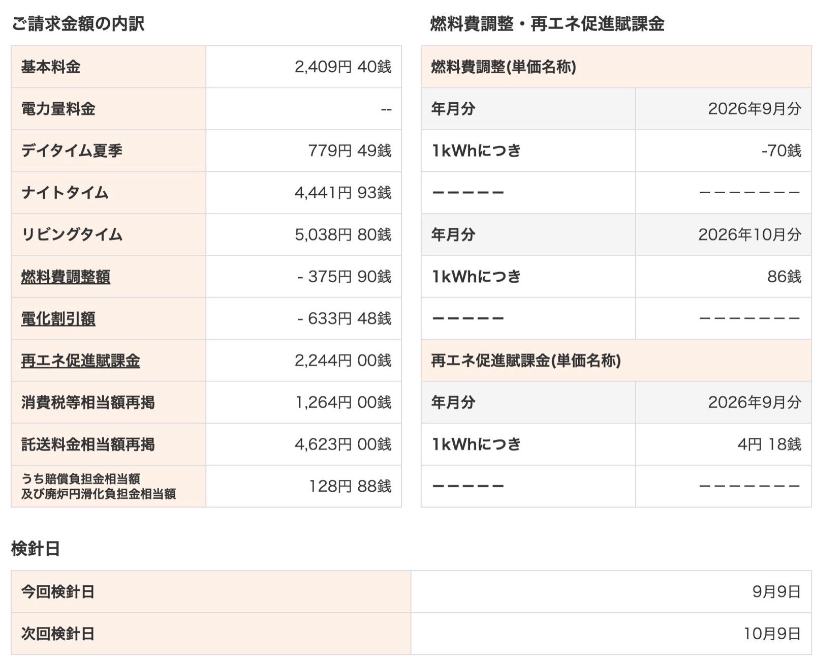 はぴeタイムR 2026年9月分の請求内訳と燃料費調整単価(9月分−70銭・10月分86銭)