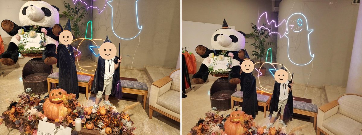 ハロウィンの衣装で仮装して、大きなパンダのぬいぐるみの前で写真を撮る子どもたち